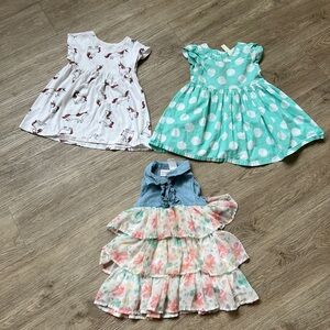 Bundle: 3T toddler dresses - unicorns, polka dot, floral ruffles